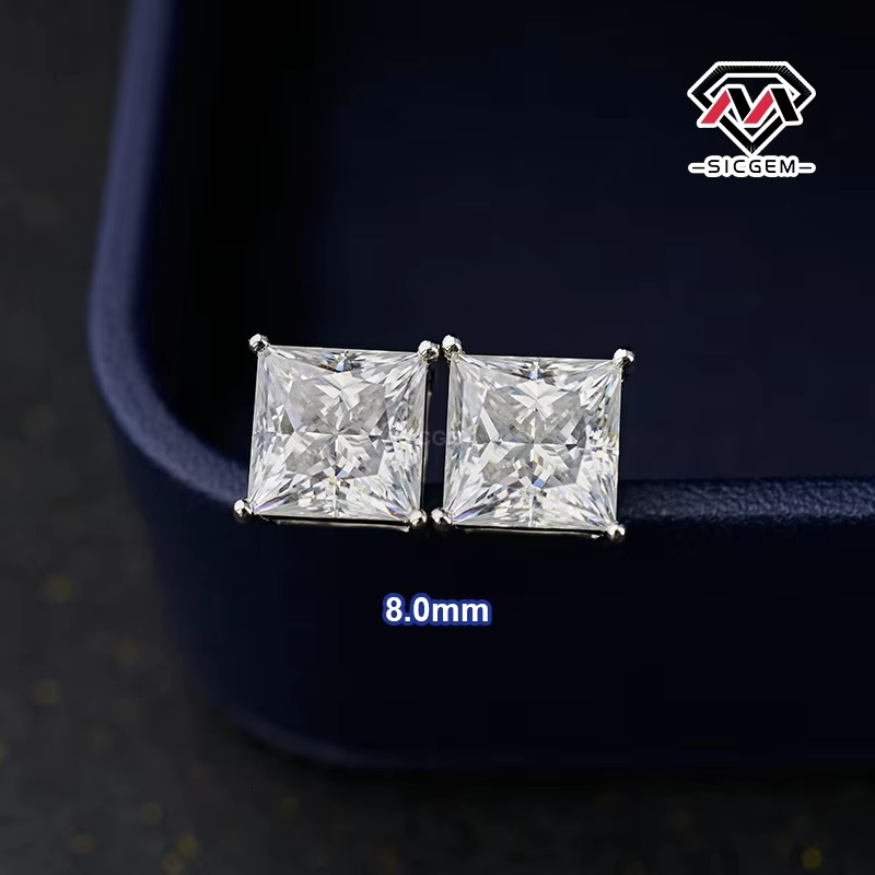 "Wholesale Sier Princess Square Moissanite Earrings in 3.0mm 4.5mm 5.5mm 7.0mm 8.0mm with Gift Box"