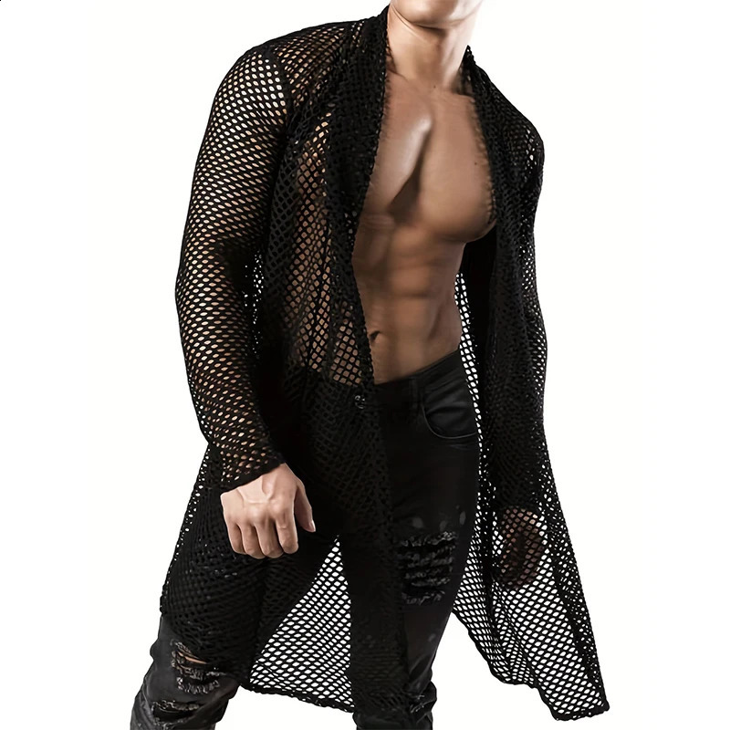 Mens Sexy Hollow Out Long Cardigan Grid Shirts Streetwear Fashion Perspective Long-sleeved Solid Color T Shirts Tops S-XL 250224