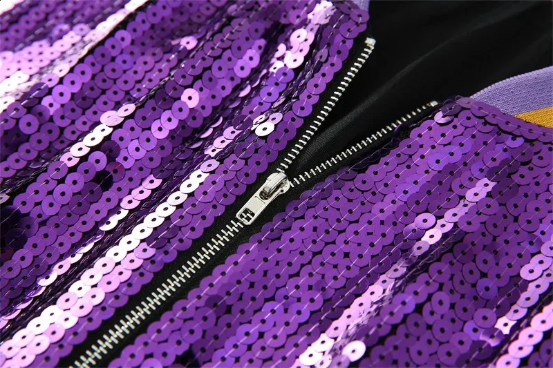 Spring and summer patch work color long sleeved round neck sequined jacket loose streetwear zipper hiphop womens 250228