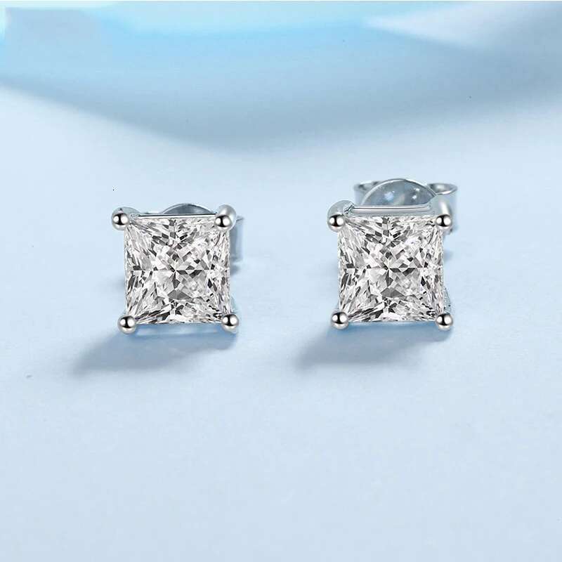 Princess Cut 2CT Dia Test Passed Rhodium Plated Sier D Color Moissanite Stud Earrings Jewelry Couple Gift