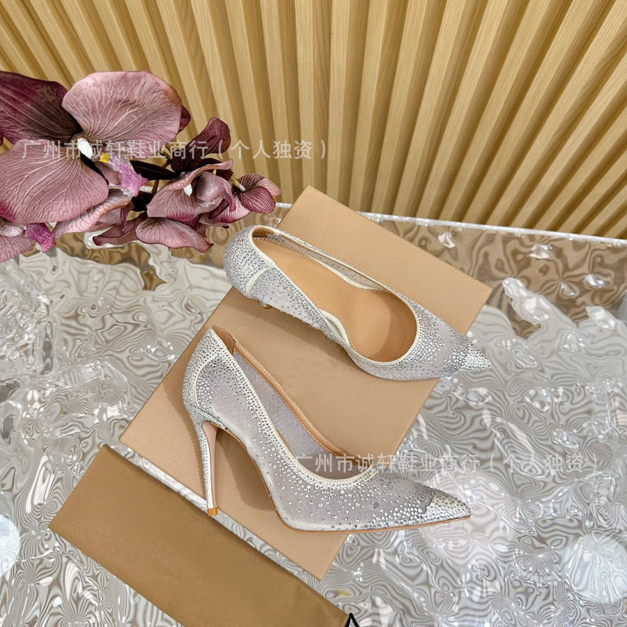 GR version mesh hot stamping 2025 early spring new style gradient diamond pointed thin heel shallow mouth single shoe