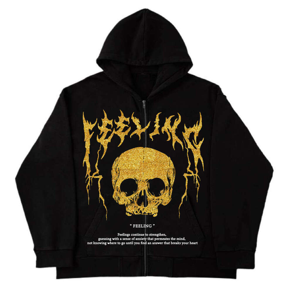 Y2K loose jacket top men's skull print Gothic dark style long sleeved zipper hooded sweatshirt