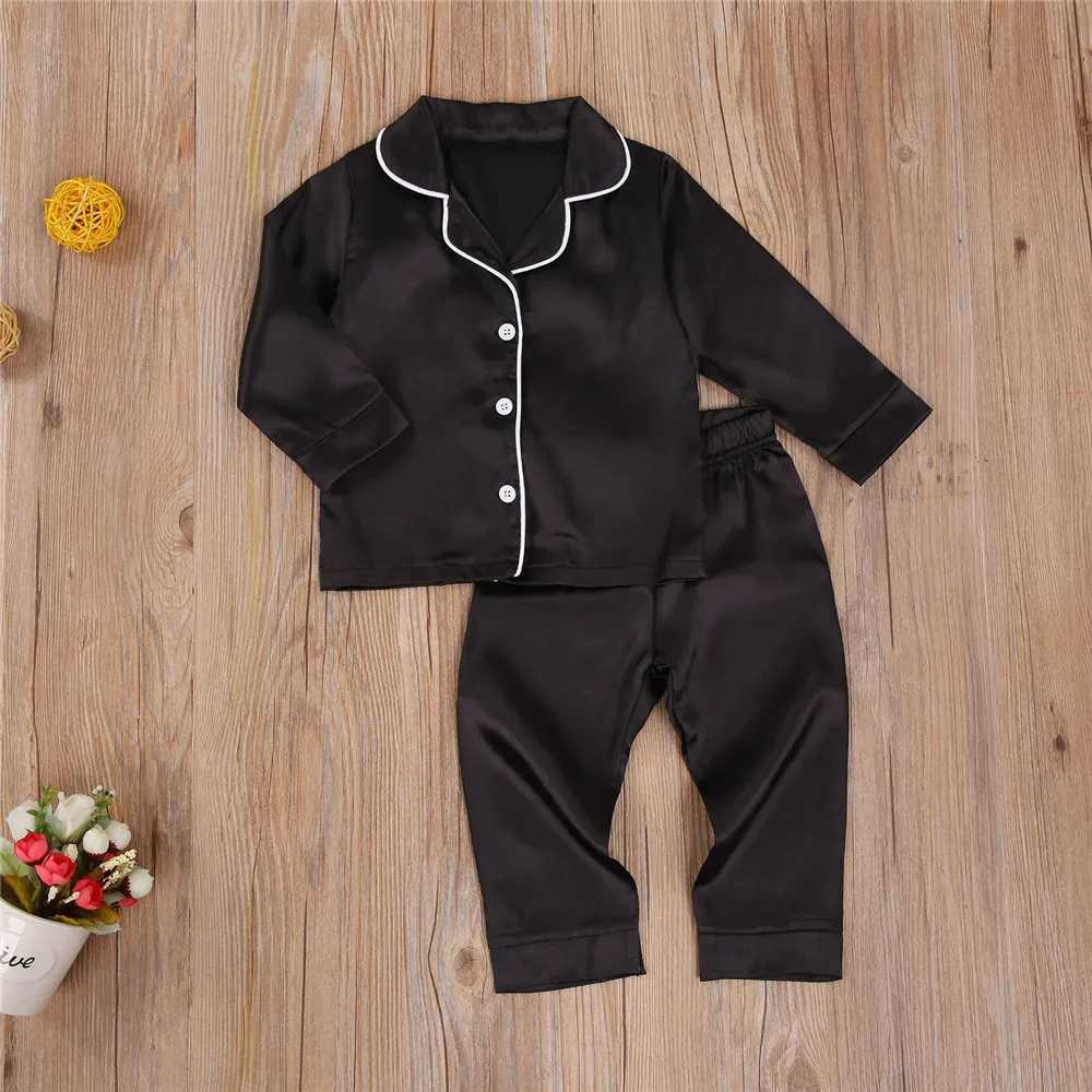 Toddler Baby Black Satin Pajamas Infant Boy Short/Long Sleeve Short/Long Pants Sleepwear Casual Button Two-pieces Set HomewearT250303