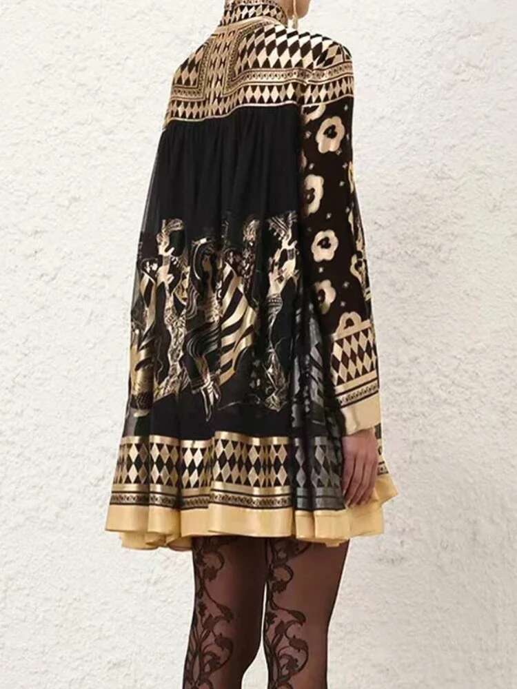 Gymystars Woman Formal A-E Evening New Printed Mock Neck Elegant Female Long Sleeves Mini Dresses