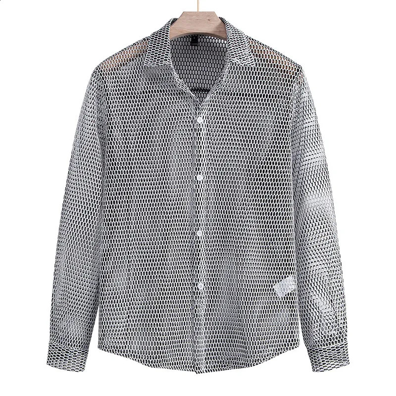 Mens Hollow Out Long Sleeve Mesh Shirt for Nightclubs Trendy SInger Stage Party Wear 250224