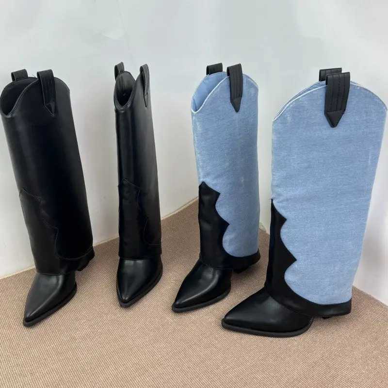 FHC 2024 New Women Knee High Pants BootsWinter ShoesWestern Cowboy BootsPointed ToeBlackBlueStockDropship Z250303