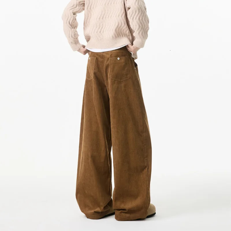 Spring Corduroy pants mens oversized straight beige casual street loose wide leg retro Trousers M3XL 250303Z