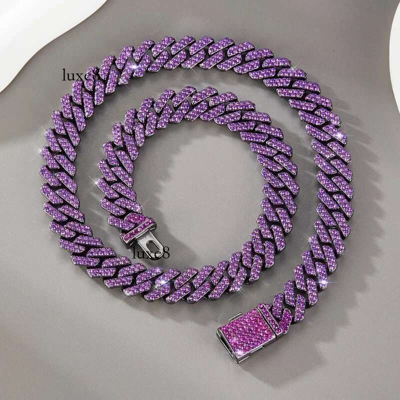 12MM Rhombus Prong Cuban k Chain 2Row Purple Iced Out Rhies Rapper Necklaces Bracelet For Men Women Choker Jewelry