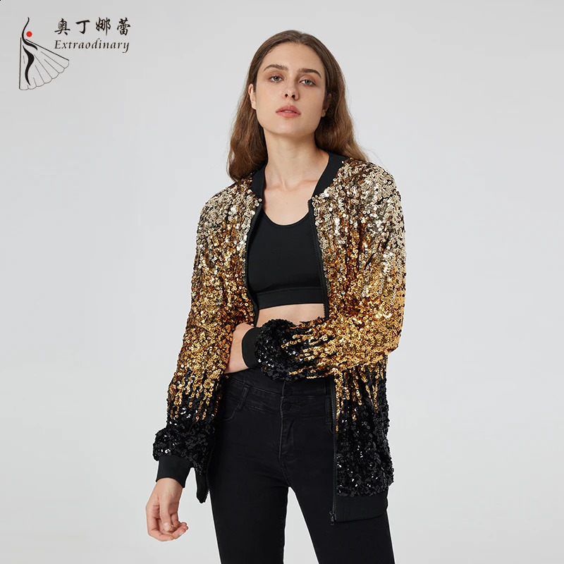 Fashionable womens sequin multicolor winter jacket with zipper collar and cuffs 250228