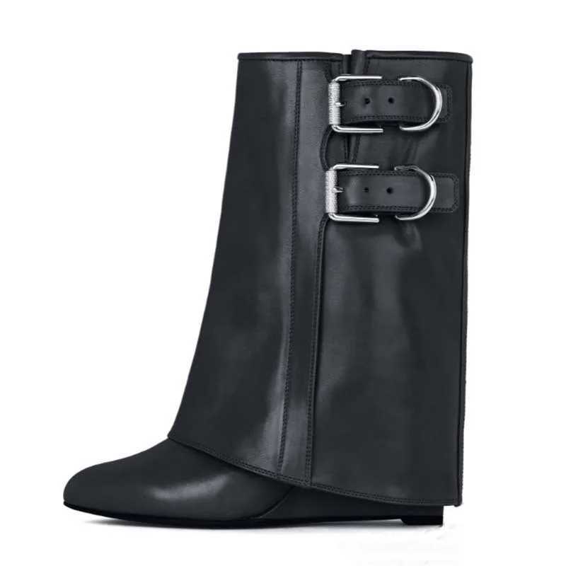 Black belt buckle sliding wedge Trouser womens winter 2024 red dot toe mid calf boots fashionable luxury womens shoes Z250303