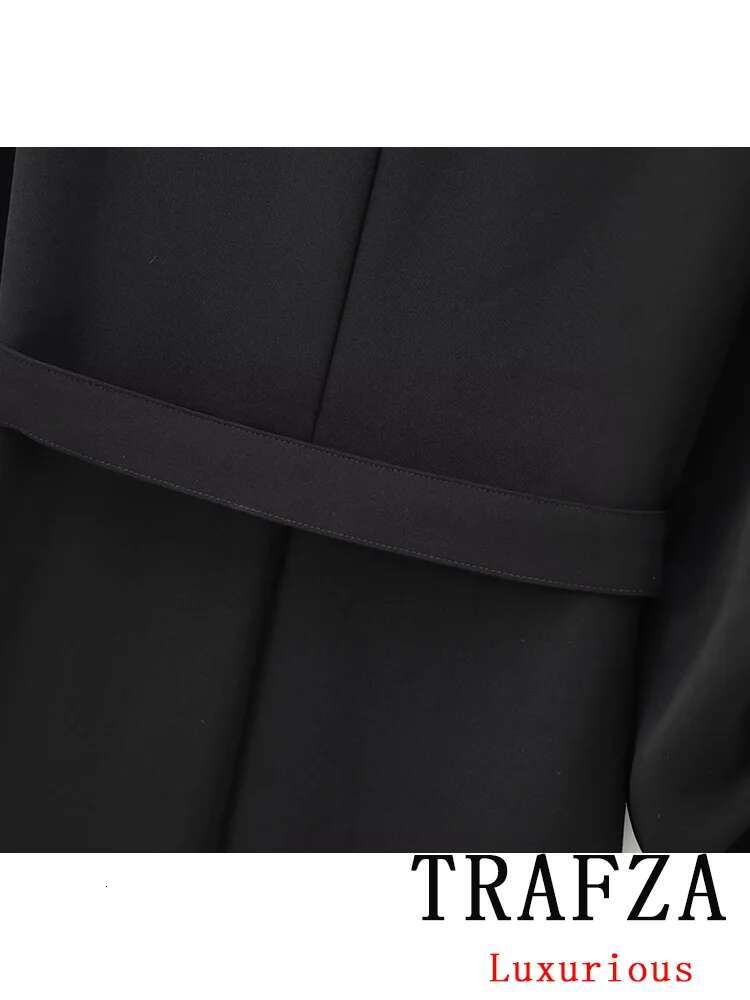 TRAFZA Vintage Women Black Solid Turn-Down Collar Single Breasted Belt Vestidos New Fashion 2024 Autumn Chic Dress