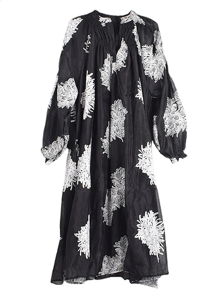 XITAO Loose Print Dress Fashion Temperament Elegant Goddess Fan Women Autumn Arrival Vneck Appear Thin HQQ1452 250228