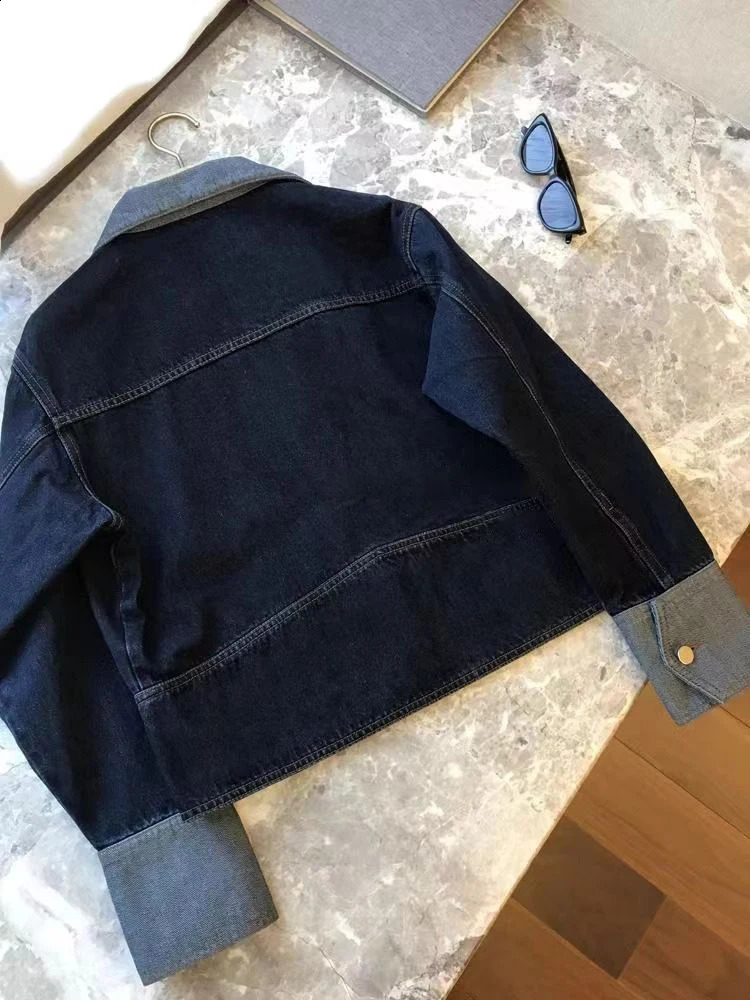 Retro Contrasting Color Laple Denim Jacket for Women Autumn Loose Singlebreasted Coats Casual Versatile Short Top 250228