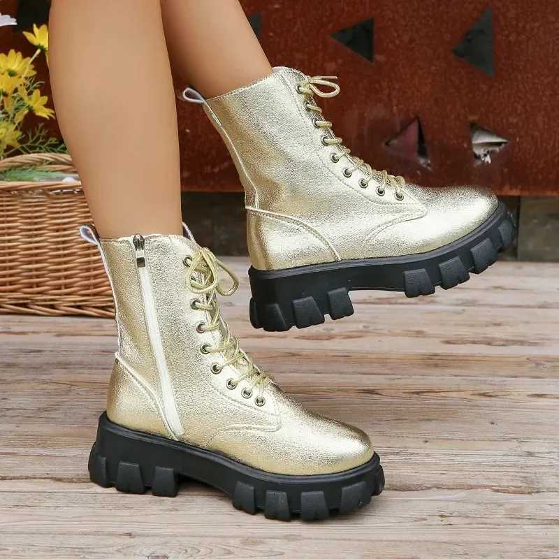 Shining gold womens boots 2023 new high top lace motorcycle boots street fashion casual platform boots womens Zapatos De Mujer Z250303
