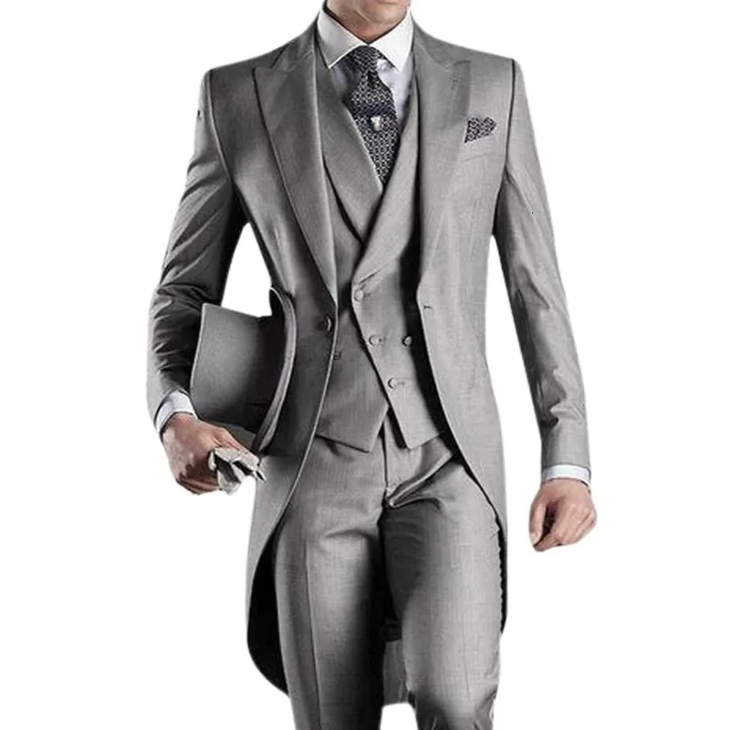 Grey Wedding Mens Tail Coat 3piece Groom Evening Dress Formal Promotion Set Clothing 250303