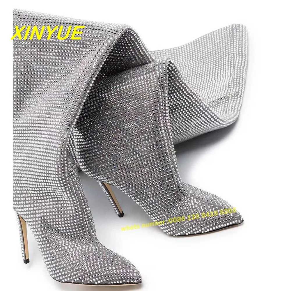 Rhinestone Silver Long Boots Luxury Pointed Toe Slip On Bling Slip On Newest Over The Knee Womens Boots Large Size 43 Solid Z250303