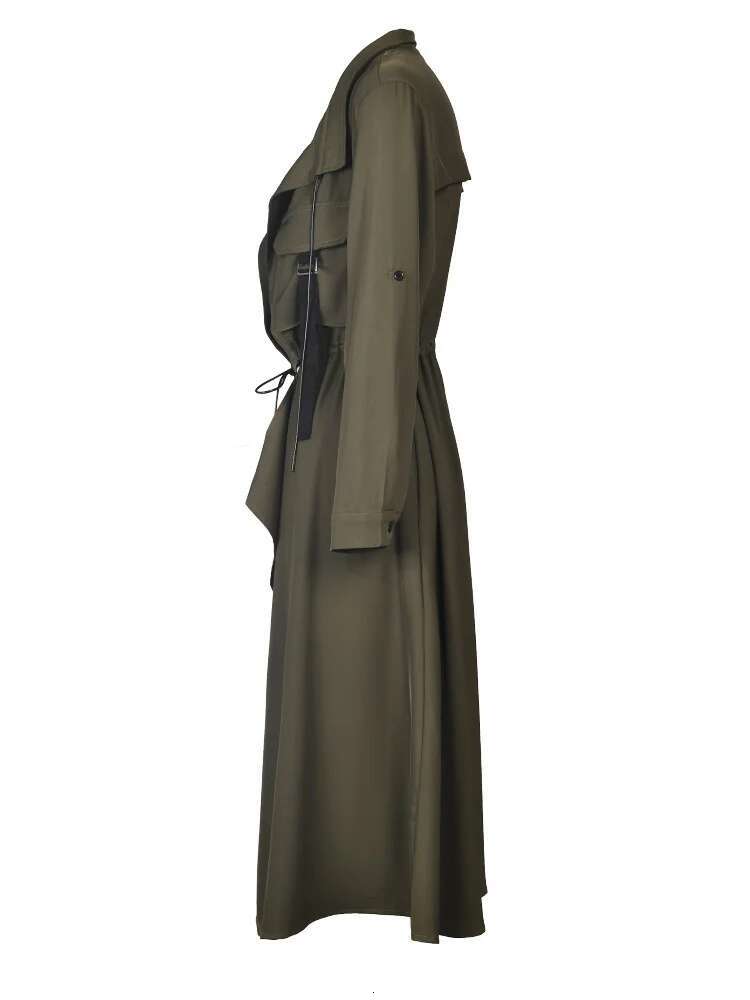 EAM Army Green Trench Women Big Size New V-Neck Long Sleeve Loose Fit Windbreaker Fashion Spring Autumn 2025 1De108206