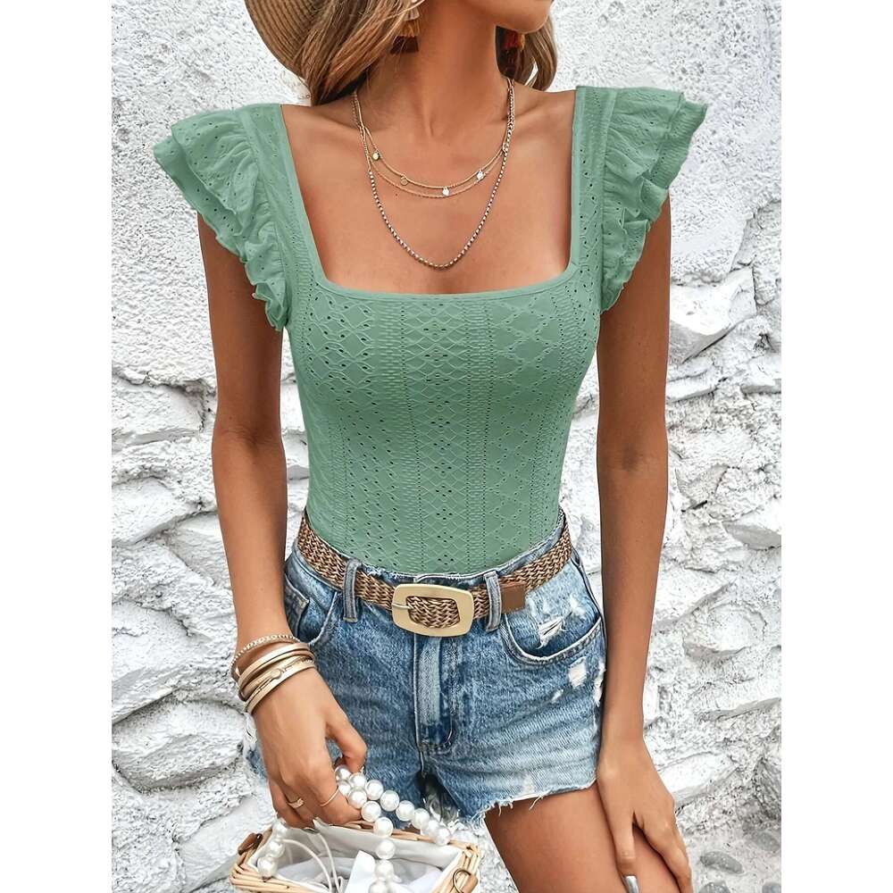 Eyelet Women's Clothing Tiered Flutter Tank Elegant Slim Top Butterfly Sleeve Square Neck Tee Fo