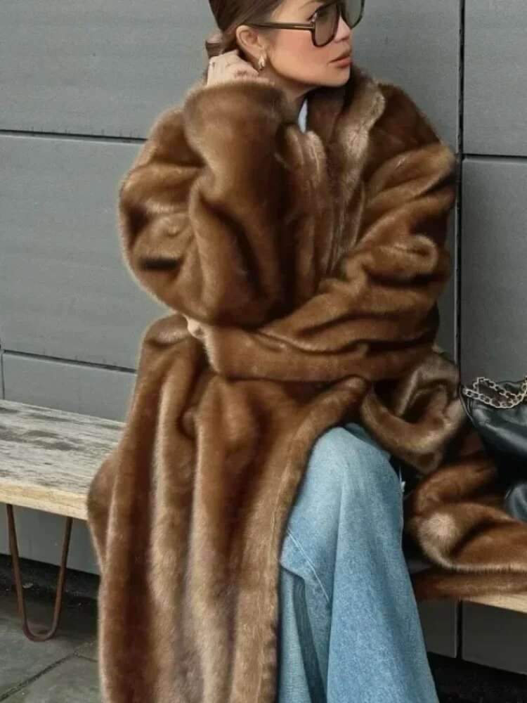 Dark Brown Faux Fur Overcoat Women Elegant Fashion Long Sleeves Oversized Jacket New Winter Chic Thick Warm High Streetwear