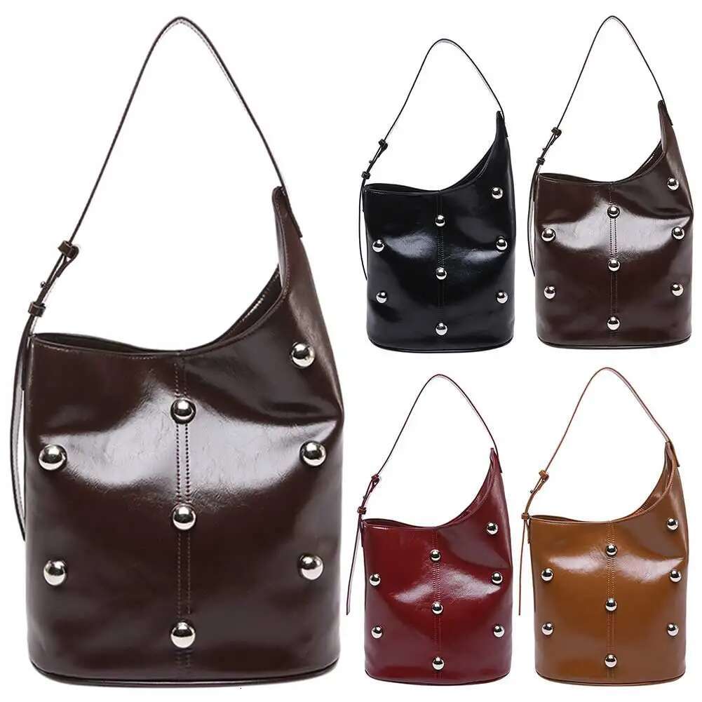 Bucket Women Rivet Studded Underarm PU Leather Inner Pocket Handbag Magnetic Closure Hobo Bag For Work Travel