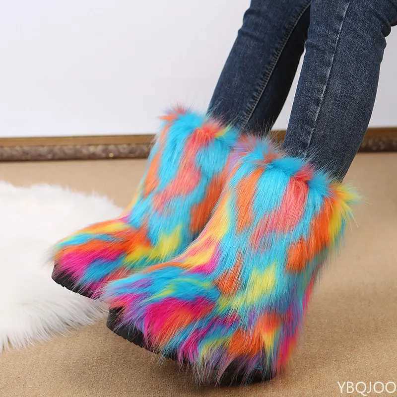 Womens Winter Snow Boots Outdoor Luxury Furry Faux Fox Fur Boots Woman Plush Warm Platform Shoes New Fashion Boots Big Size Z250303