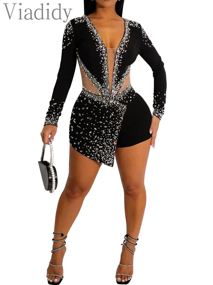 Womens sexy jumpsuit V-neck mesh rhinestone tight long sleeved game set 250225