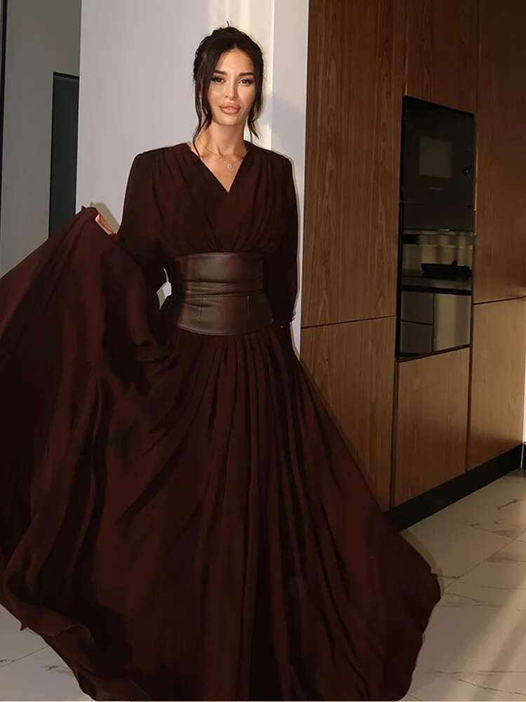Elegant Retro Solid Color Fashion V Neck Split Dresses Autumn New Women's Party Long Sleeved A-E Dress