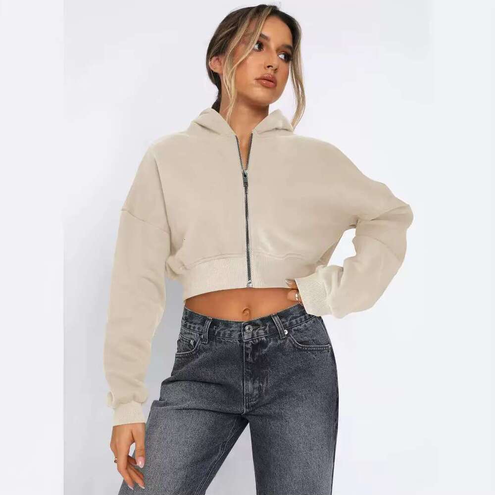 Custom Oversized Cotton Cropped Women Heavyweight Hooded Streetwear Embroidery Sport Style Full Zip Soild Womens Hoodie