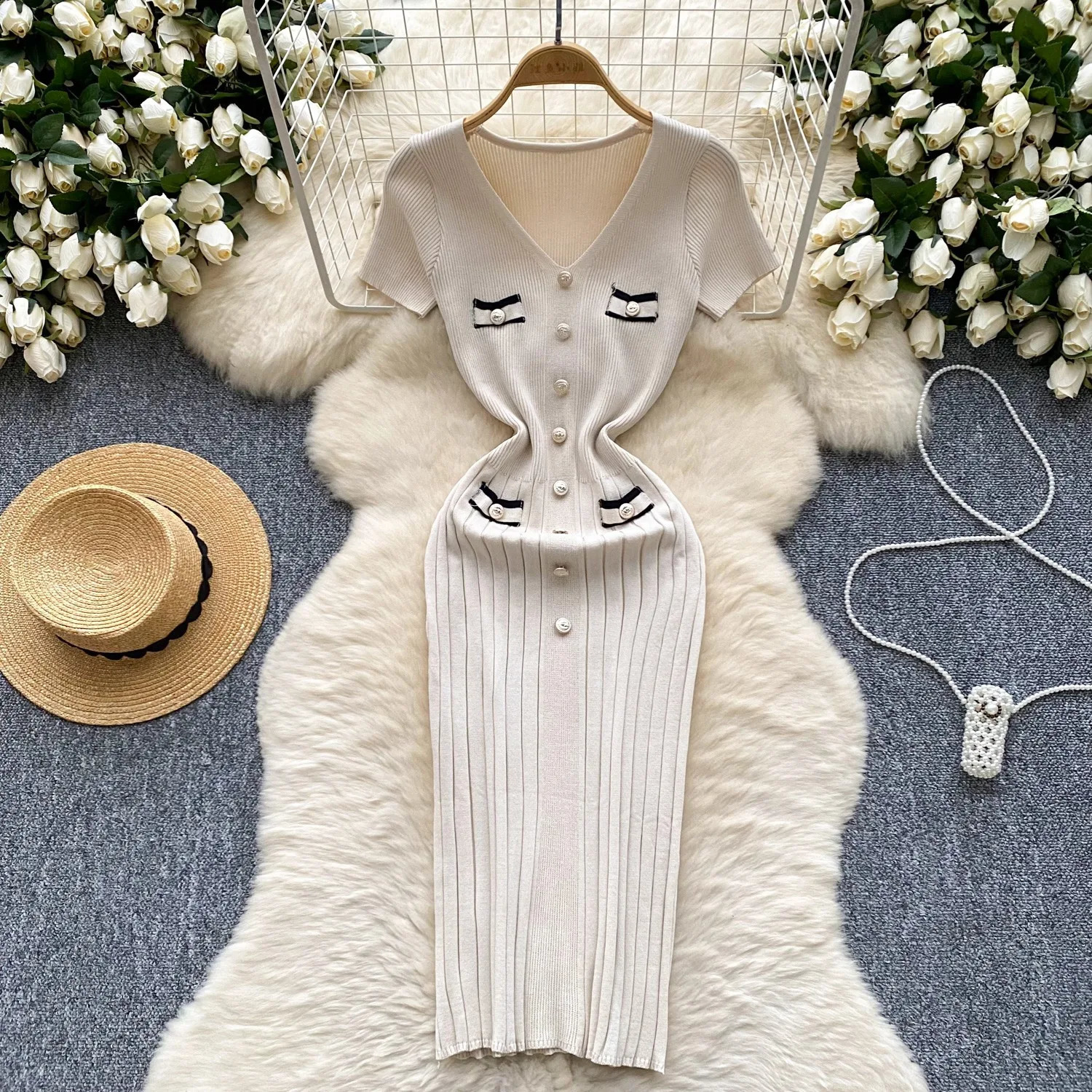 YuooMuoo Chic Fashion Sexy Wrap Hips Knitted Dress Women Vneck Short Sleeve Bodycon Pleated Sweater Office Lady Vestios 250228