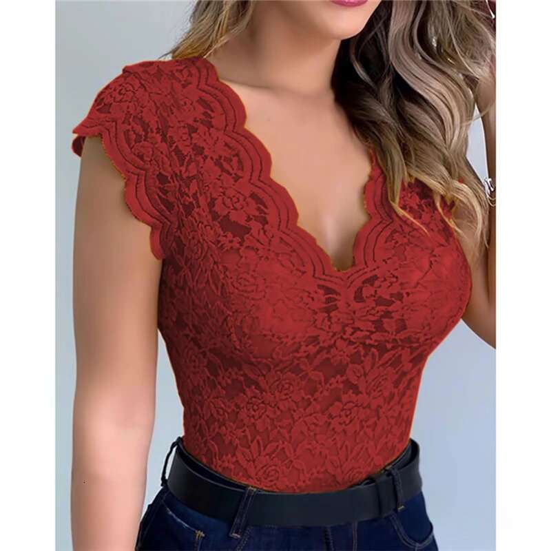 Sexy V Summer Neck Lace Vest Top Women Solid Sleeveless Tank Tops Female Elegant Hollow Out Clubwear T Shirt