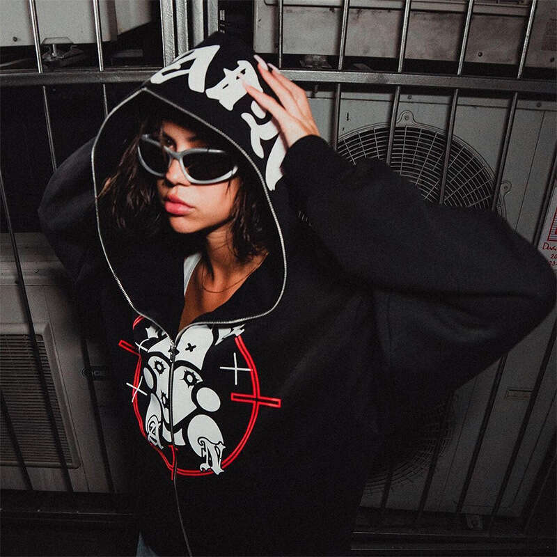 Autumn and Winter Harajuku Y2K Trendy Brand Letter Cartoon Printed Long Zipper Hoodie Coat Loose Gothic INS