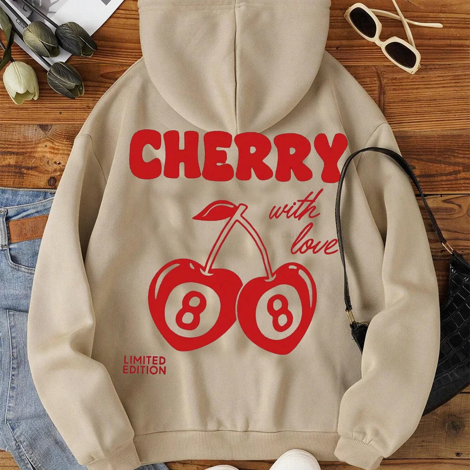 Cherry Print LongSleeved Sweater Women Spring Autumn Drawstring Hoodie Casual Vintage Ladies Basic Wear Hooded Tracksuit Tops 250303