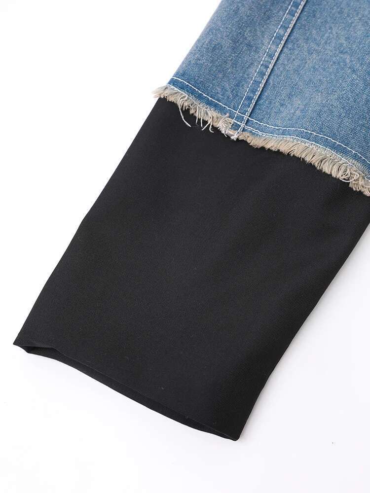 EAM Black Spliced Denim Tassel Big Size Blazer Women New Lapel Long Sleeve Loose Fit Jacket Fashion Spring Autumn 2025 30A1487