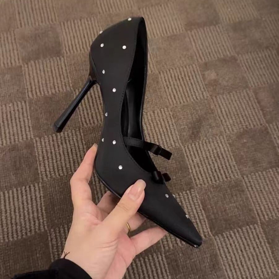 Advanced polka dot French temperament bow square toe black rhinestone single shoes for women, 2025 new high heels