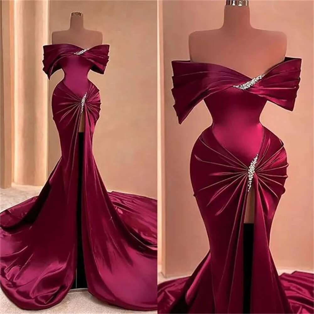 Customized Off Shoulder Satin Prom Dresses Side Slit Mermaid Beaded Long Formal Evening Gowns For Women With Train Pleated Dress