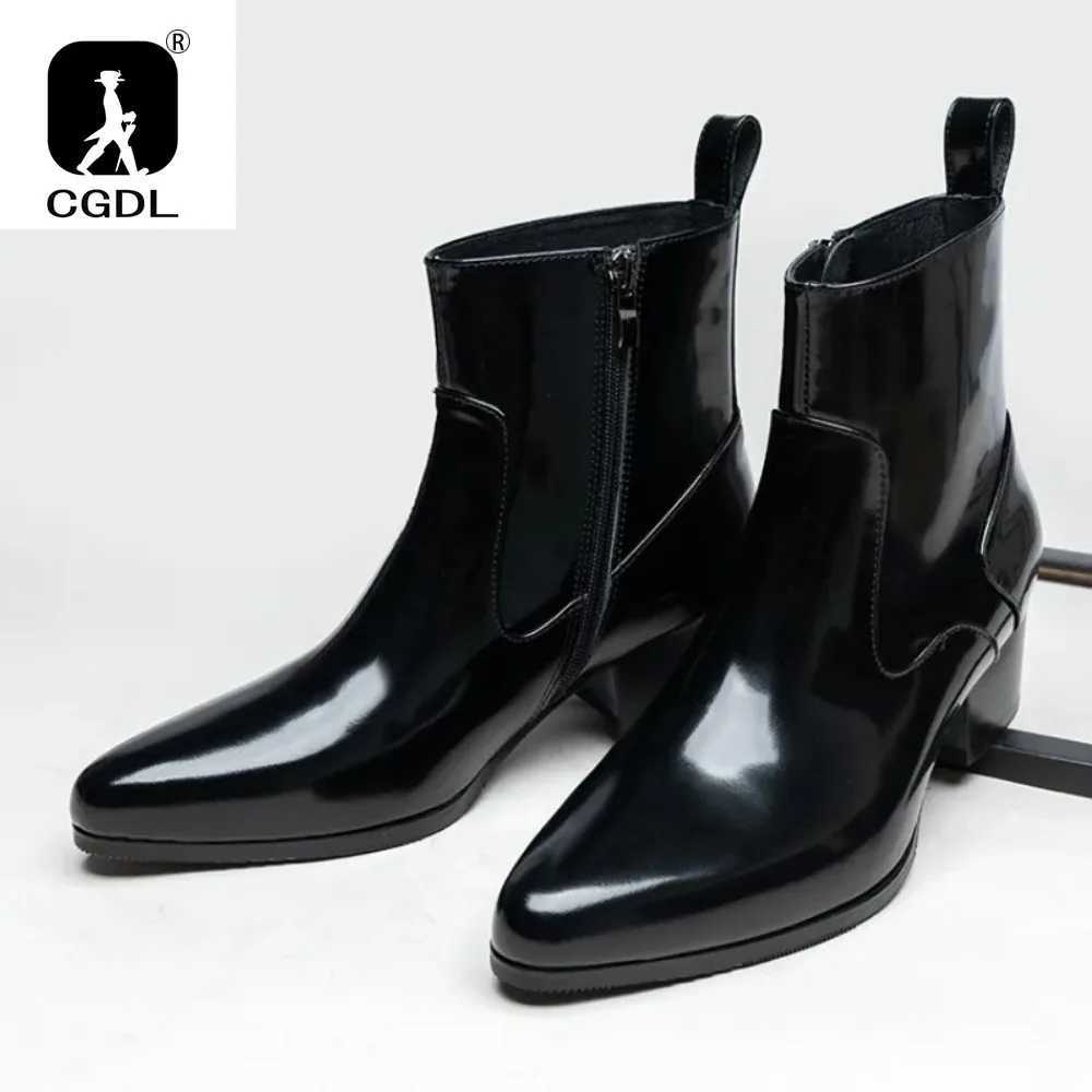 Patent Leather Mens Platform Boots with Heels Luxury Real Cow Leather Winter Warm Shoes Increase Height 5 Cm Side Zip No Laces Z250303