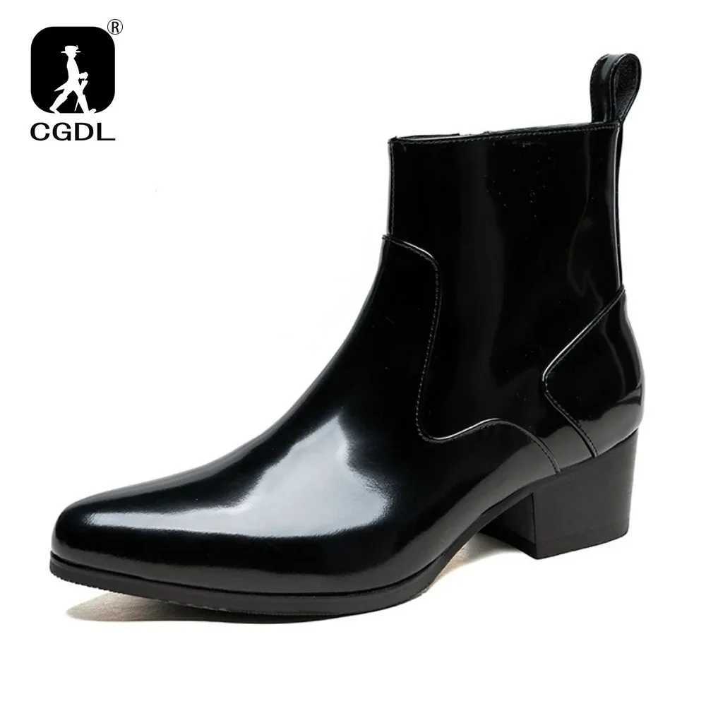Patent Leather Mens Platform Boots with Heels Luxury Real Cow Leather Winter Warm Shoes Increase Height 5 Cm Side Zip No Laces Z250303