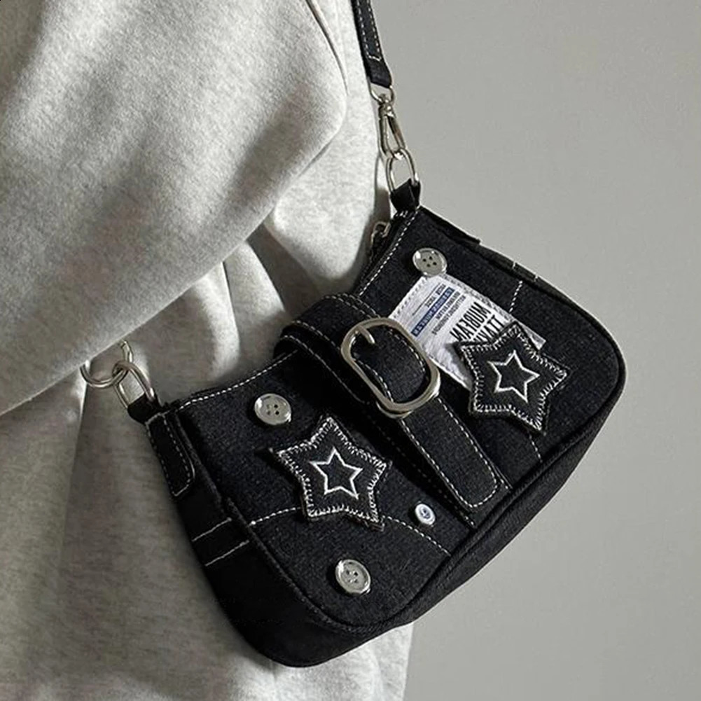 Ship from US Women Casual Clutch Handbag Large Capacity Y2K Star Denim Underarm Bag Vintage Armpit Solid Color Simple Commuting 250303FBB