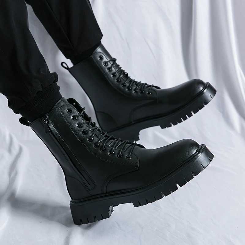 Black ankle mens lace up boots zipper Pu safety shoes motorcycle boots gray brown platform boots Z250303