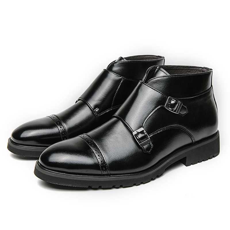 Luxury Leather Men Boots Double Buckle Slip on Pointed Toes Casual Leather Boots Men Comfortable High Top Boots Party Me Shoes Z250303