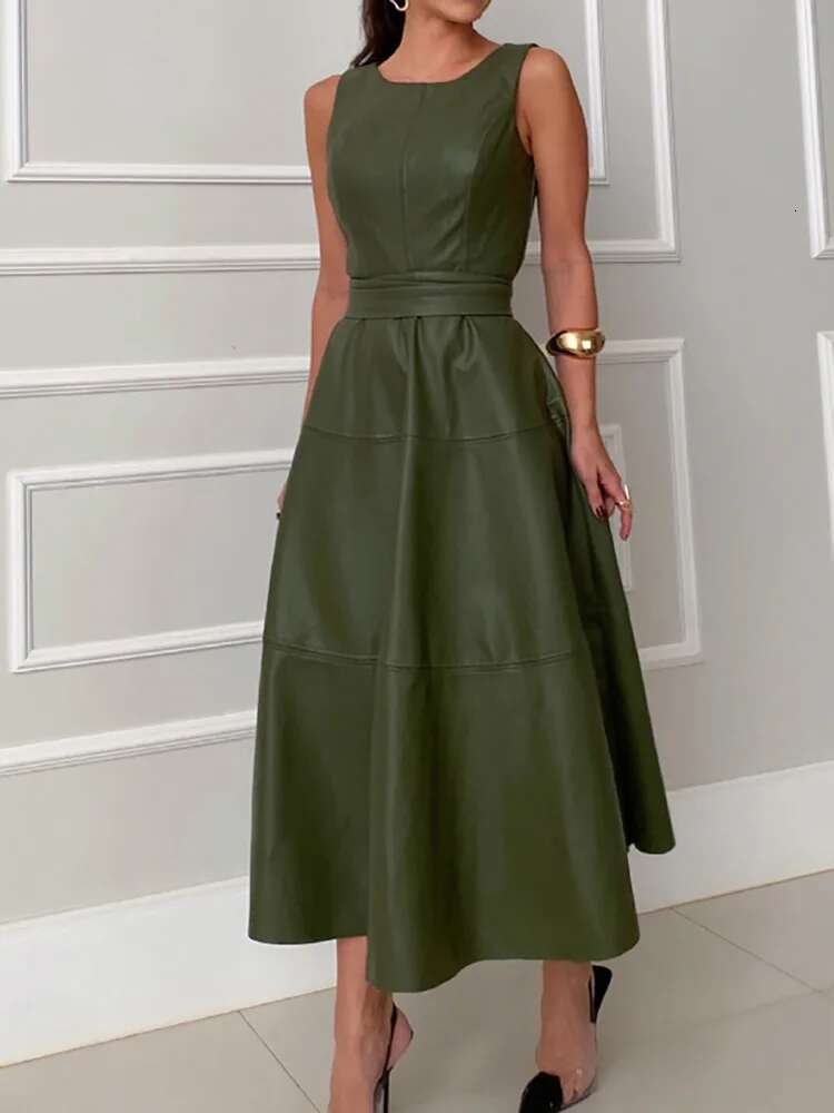 Solid Patchwork Leather Simple Party Women Spring Summer Lace-Up O Neck Maxi Dress, 2024 Sleeveless Elegant Ladies Dress