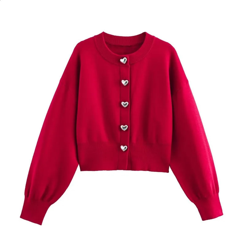 2025 Spring Women Knit Sweater Cardigans Fashion Vintage Red Heart Button Puff Long Sleeve Knitted Coats Jackets 250225
