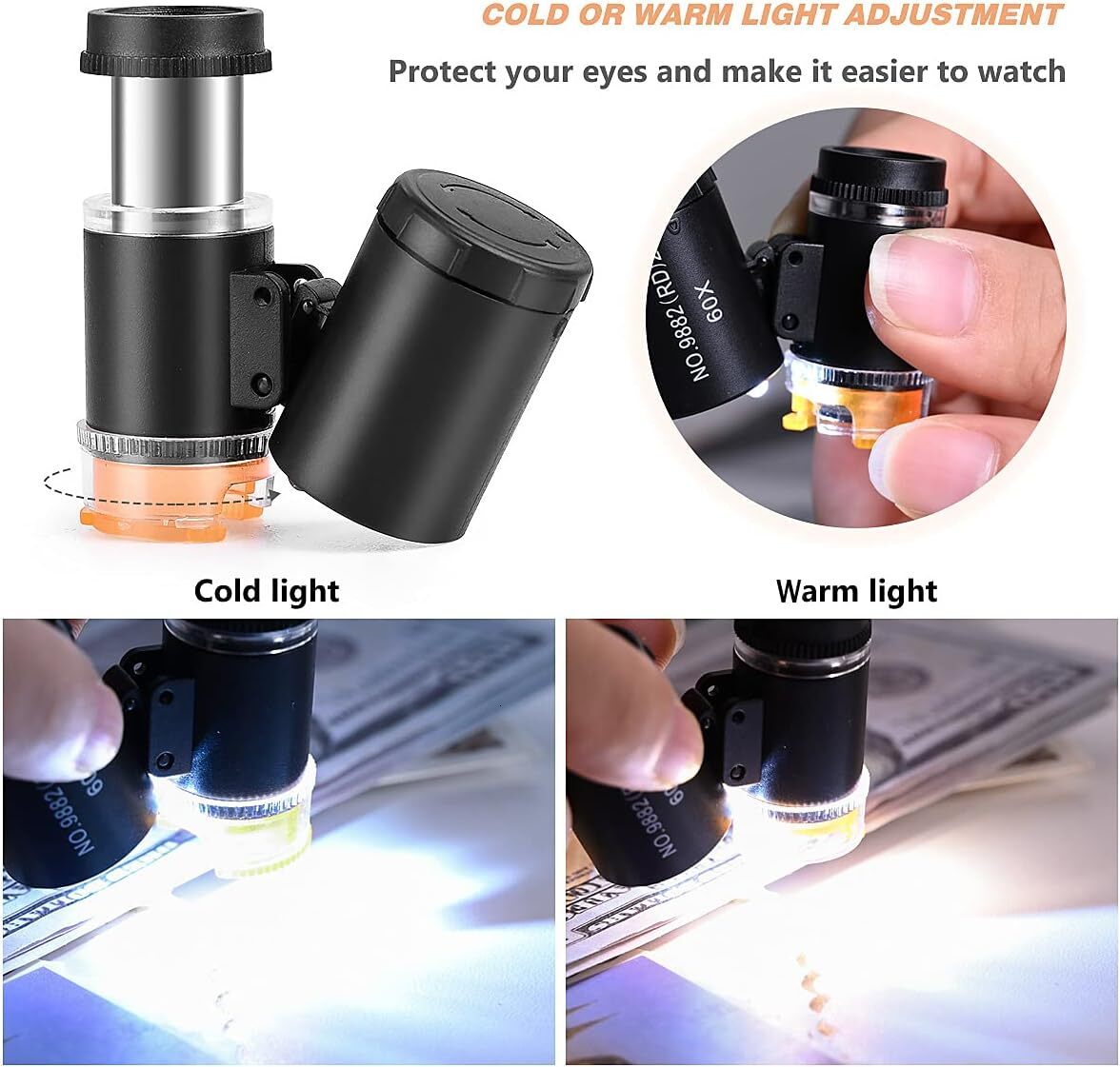 60X Mini Pocket Microscope Jewelers Eye Loupe With 3 Light Magnifying Glass For Handcrafts Jewelry Dia Gem Coins Currency