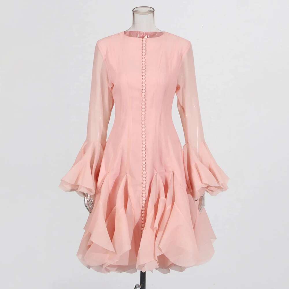 TWOTWINSTYLE Women's Dress Irregular Pleated Patchwork Fashion Long Lantern Sleeve Waist Cinching Mini Dresses 2024 New Clothing