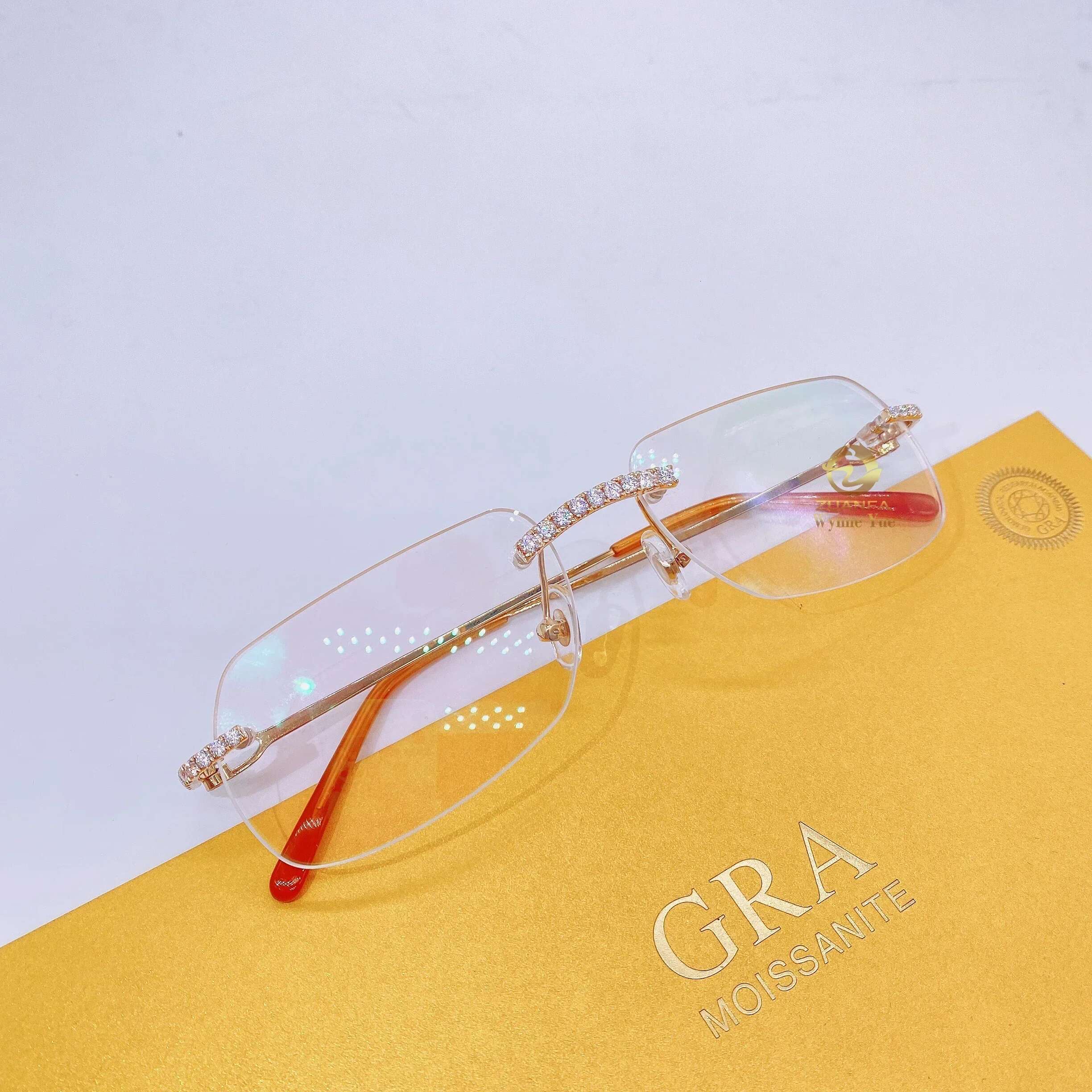 Stylish Hot Classic Design 10K Real Solid Gold VVS Moissanite Colored Lens Mens Sunglasses