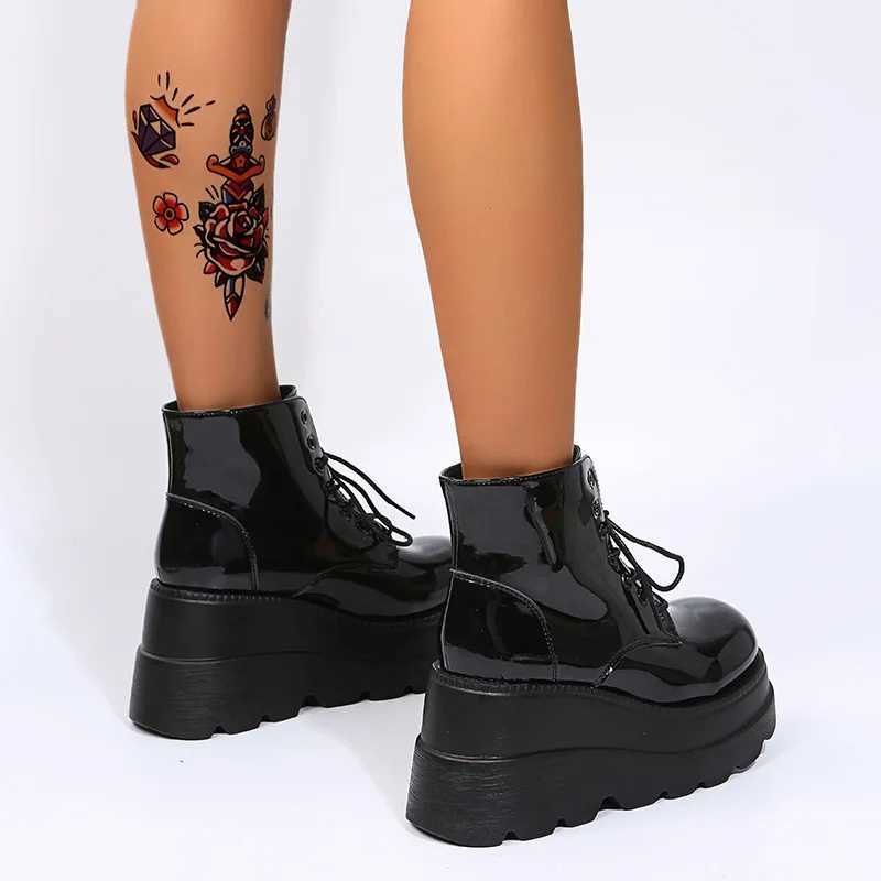 Womens boots high thick sole winter sloping heel lace ankle boots womens shoes glossy black glossy black Z250303