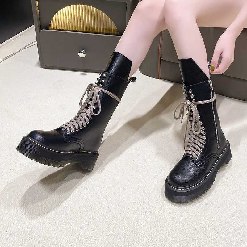 Luxury Thick Sole Womens British Style 2024 Spring and Autumn New Fashion Boots Thin and Tall Mid Barrel Motorcycle Short Boots Z250303