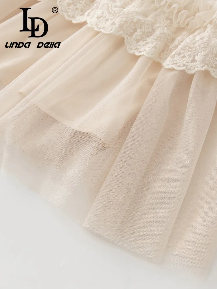 LD LINDA DELLA Summer Fashion Runway Vintage Dress Womens White Hollow Out Print Tierred Draped Slim Fit Party 250228