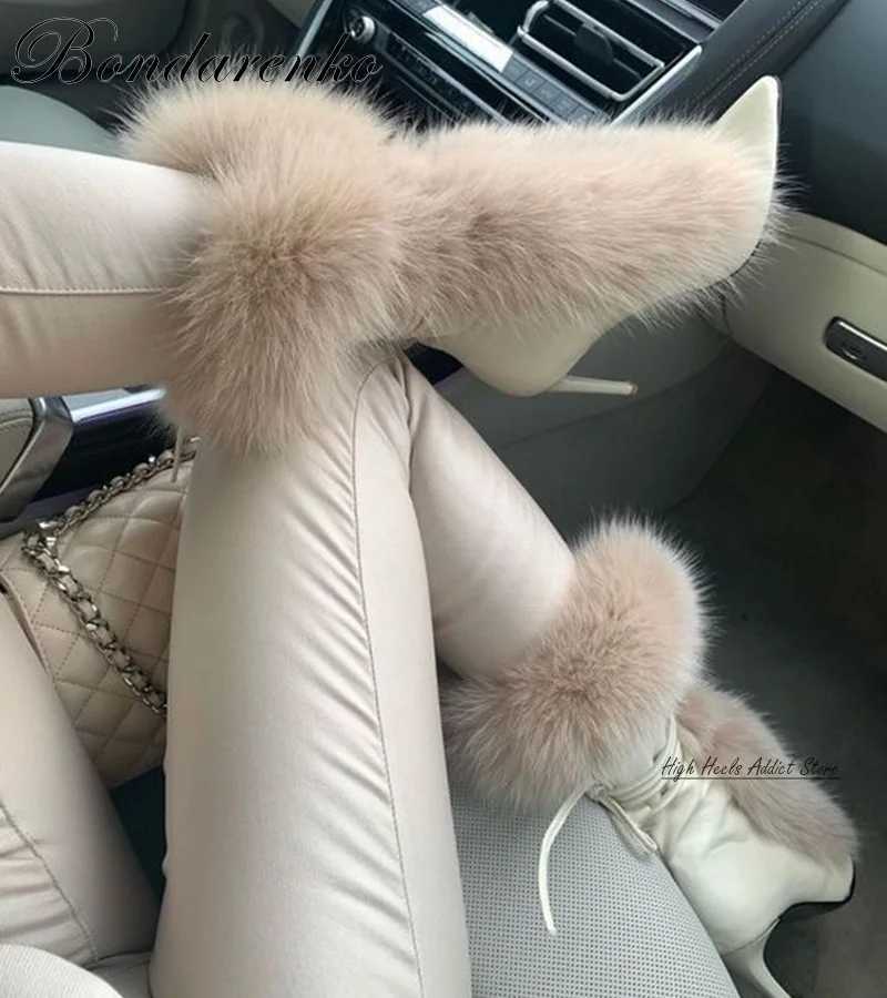 WhiteBeige Fur Mid Calf Boots Women High Heels Pointed Toe 2024 New in Winter Warm Boot Luxury Designer Big Size Sexy Shoes Z250303