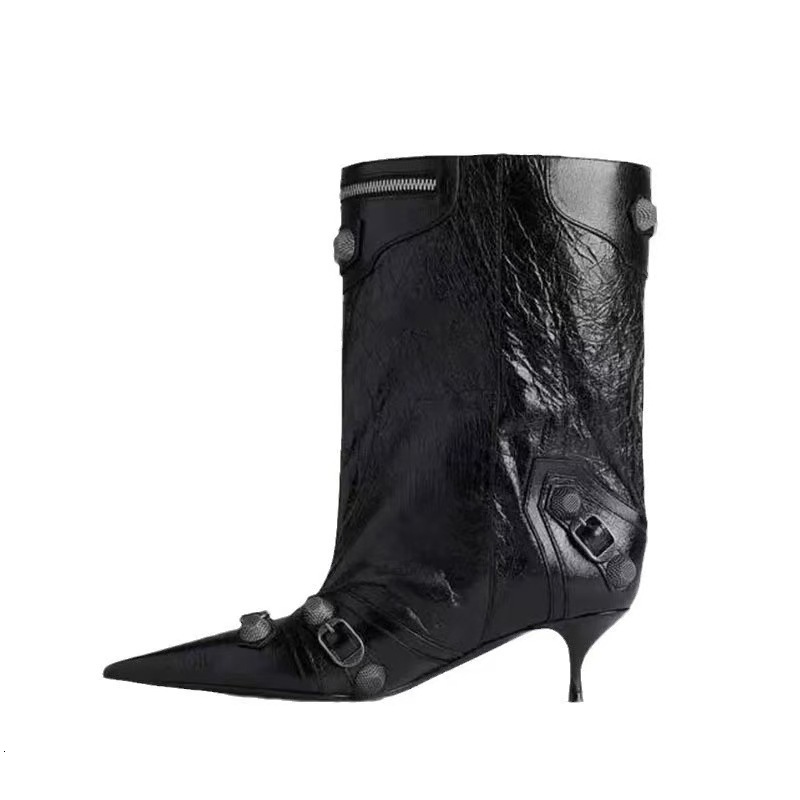 Women's Shoes With Pointed Toes, Slim High Heels, One Foot Pedaling, Straight Tube, Rivets, Needle Buckles, Plus Size, Medium Boots, Women's
